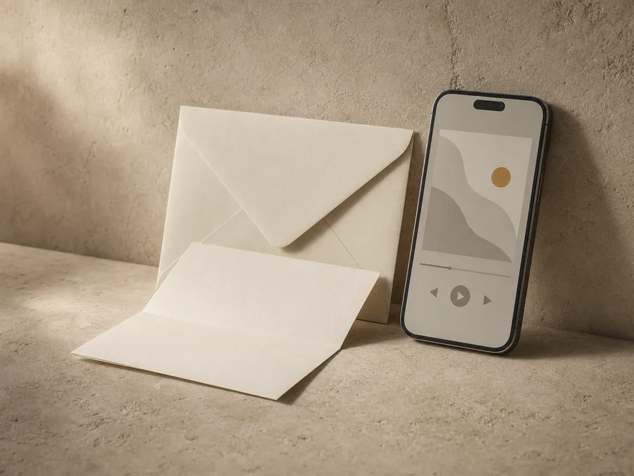 封筒と便箋、スマホの再生画面が並んだ静物